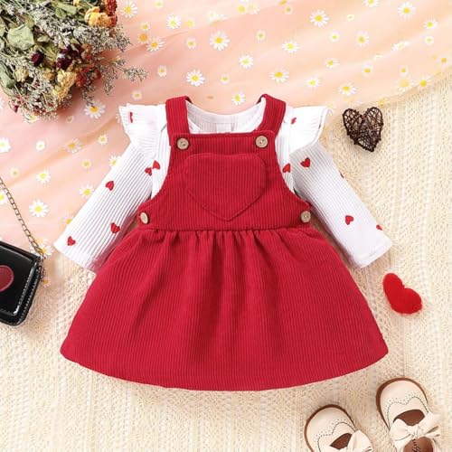 Asmea Roupa de Bebé Menina Conjunto de Roupa de Bebé Menina de Manga Longa São Valentim Body com Folhos + Saia com Alças São Valentim Presente para Bebé Recém-Nascido Meninas Roupa de Bebé Meninas 0