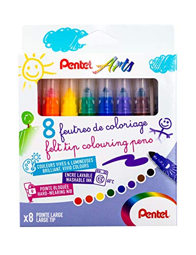 Pentel Arts SCS3E-8 Feutres de coloriage enfants, encre lavable, Pointe large, Pack de 8 couleurs assorties