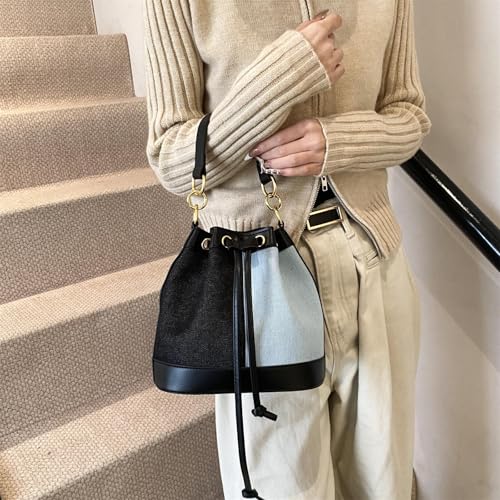 Image of Denim Bucket Bag for Women Handbag Trendy Jean Purse Drawstring Crossbody Shoulder Bag