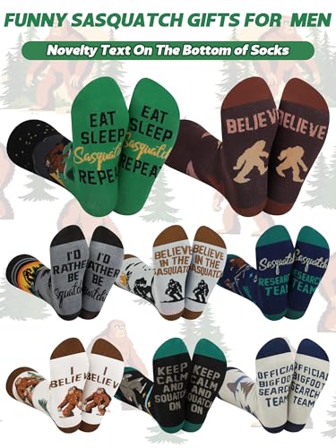 Chicingyou 8 Pairs Funny Sasquatch Socks for Men Father's Day Novelty Outdoor Hiking Crew Dress Socks with Cool Pattern Design Birthday Holiday Stocking Stuffers Gifts for Sasquatch Lover