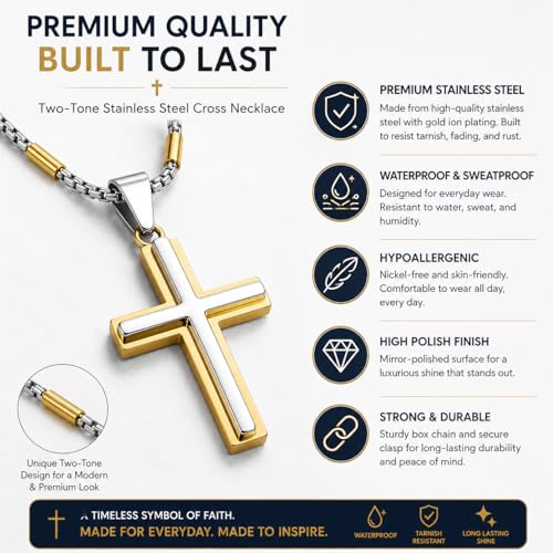 Marhabu Stainless Steel Cross Necklace for Men and Women, Two-Tone Gold and Silver, Hypoallergenic, Waterproof, 20in Box Chain (Gold and Silver) by Marhabu - Used condition - Image 4