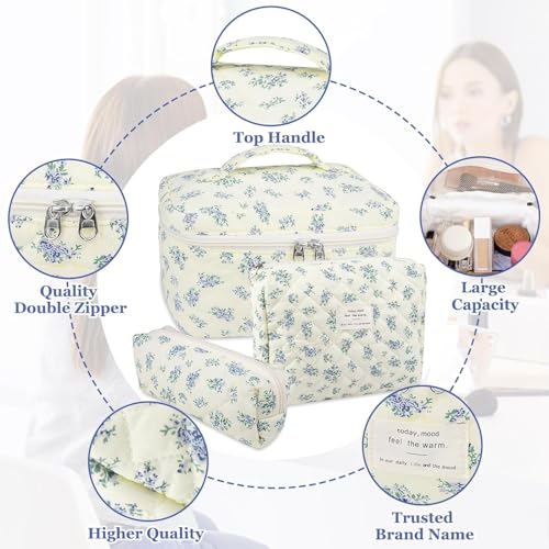 Image of Lyrovo Makeup Organizer Cosmetic Bag Quilted Large Floral Make Up Organize Set for Women Flower Travel Toiletry Bag (Green-White)