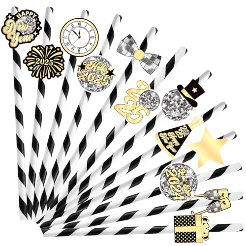 YQUQWN, 24Pcs Disco Ball Paper Straws for New Year Party Decorations
