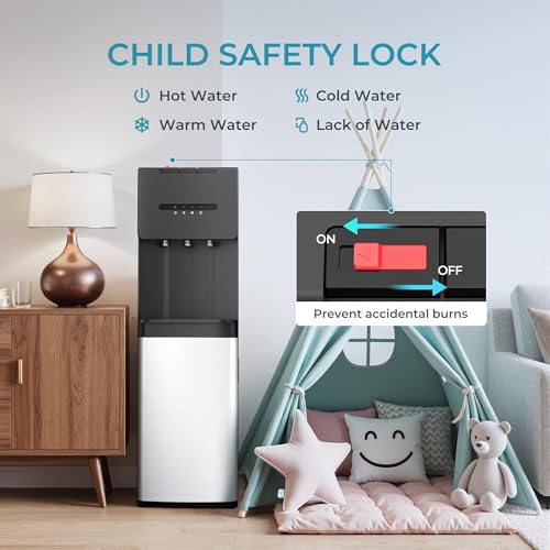 Image of EUHOMY Bottom Loading Water Cooler Dispenser for 5 Gallon Bottle, 3 Temperature Settings - Cold, Warm & Hot, with Child Lock, LED Display Light, Water Cooler for Home, Office, Apartment, Black