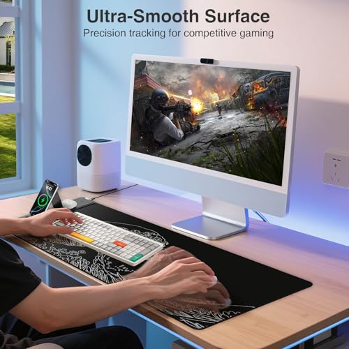 Image of Wireless Charging Mouse Pad with Foldable Phone Holder, 31.5 inchx15.8 inch Large Desk Mat for Laptop /Keyboard, Waterproof Ultra-Smooth Surface, Non-Slip Base, Black Wave