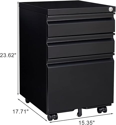 Miniatura 3 de Armario de archivo enrollable con cerradura con 3 cajones, gabinete negro para debajo del escritorio con pedestal móvil, gabinete de almacenamiento