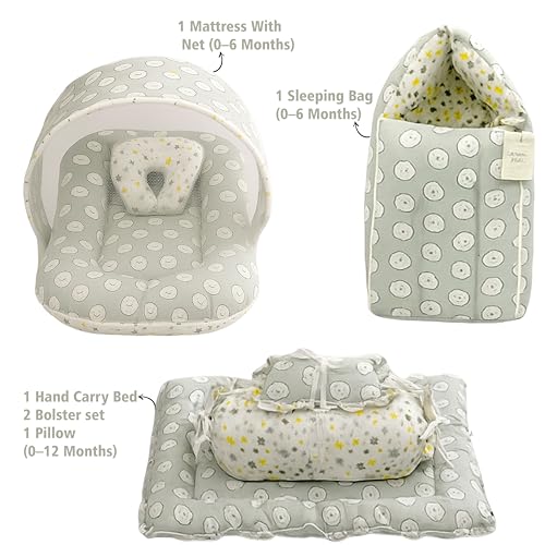 Image of Fareto Combo of Baby Bed with Net | Carry Bag | 4 Pcs Bedding Set (0-6 Months, Baby Size, Cotton) (Ship Grey)