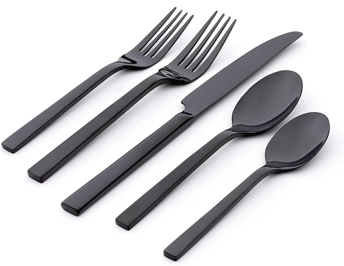 Oneida Silverware Set, Chefs Table Black 20 Piece Everyday Flatware Set, Service For 4, 18/0 Stainless Steel, Mirror Finish, Dishwasher Safe, Home And Kitchen Utensils Sets (Black, 20 Piece)