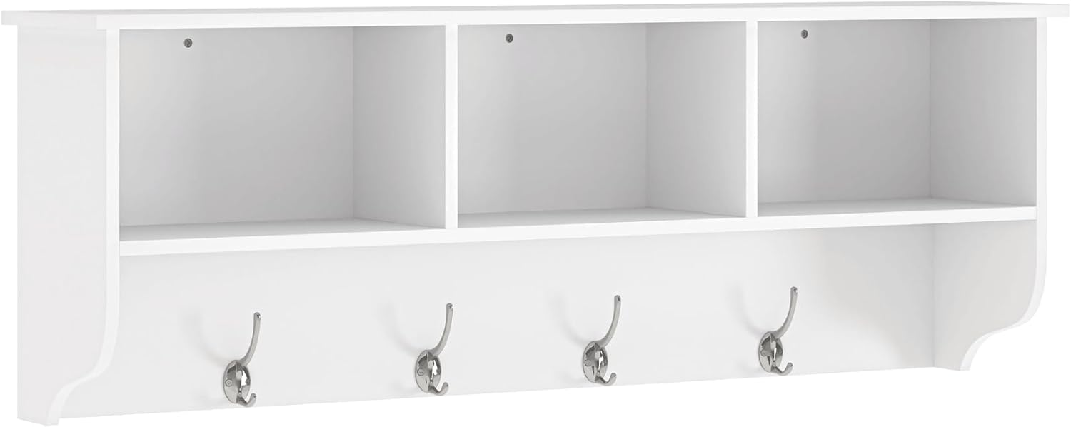38" Coat Rack Wall Mount with Shelf, Wall Mounted Coat Rack with 3 Storage Cubbies and 4 Dual Hooks,Wooden Mudroom Wall Shelf for Entryway, Hallway (White)