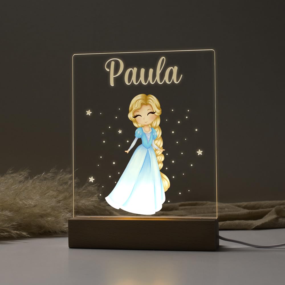 DEHOME Luz Nocturna Infantil Personalizada Princesas- Lámpara de noche con Nombre Infantil - Luz Quitamiedos para Bebé - Regalo personalizado