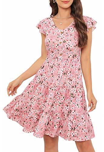 Image of Lamilus Summer Dresses for Women 2026 Ruffle Sleeve V Neck Non-See Through Tiered Babydoll Mini Dress Graduation Beach