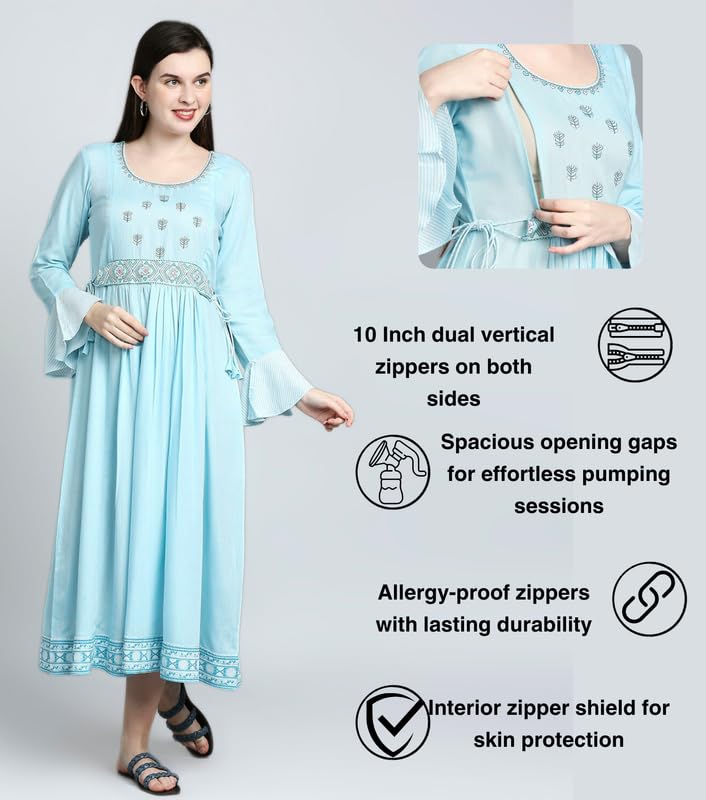 True Shape Maternity Dresses for Women Cotton | Stylish Feeding Anarkali Kurta with Dual Nursing Zippers in Viscose Rayon for Pre & Post Partum(TSEF-228-XL, Sky Blue) 1