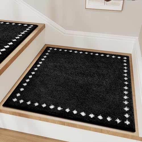 tchdio Stair Treads Landing Mat Non Slip, Soft Stair Treads for Wooden Steps Indoor, Stair Carpet Treads Reusable Adhesive for Kids Elders and Pets, Washable Stair Rugs Stair Runner 31"x31" Black