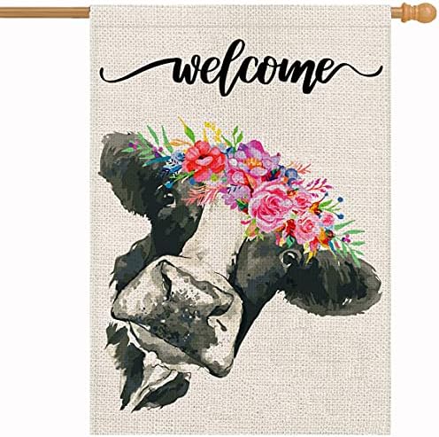 Welcome Floral Crown Cow House Burlap Flag 28 x 40 Inch Vertical Double Sided Summer House Flags Outdoor Decorations Spring Farmhouse Yard Decor