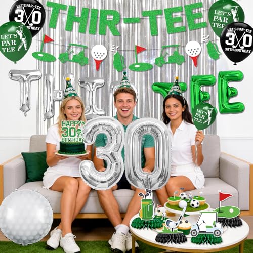 Image of 30th Birthday Decorations for Him, Golf 30th Birthday Decorations for Men Including THIR-TEE Banner Silver Fringe Curtain Golf Themed Honeycomb Centerpieces 30 Foil Balloons