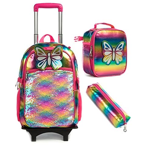 HTgroce Kid's Rolling Backpack 18 Inch for College Student Travel Trip Travel School Children,Girls Backpack with Wheels Laptop Luggage Cover