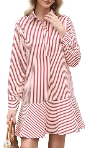 Image of EZAPINE Womens Striped Shirt Mini Dress Long Sleeve Collared Ruffle Hem Button Up Tunic Flowy Swing Dresses