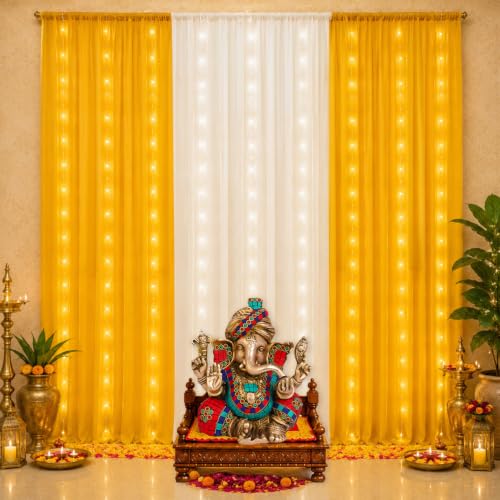 Image of SpecialYou Ganpati Decoration Setup for Home with White & Yellow(7*3.5 ft) curtains, Varalakshmi Pooja Decoration Items, Backdrop Cloth for Decorations Pooja, Mandir Decorations Items for Home- 9Pcs