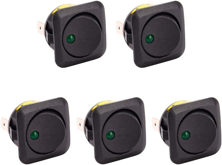 ESUPPORT 25mm Car Boat Round Dot Green LED Light Rocker Toggle Switch 12V 25A Dash Board ON Off Pack of 5