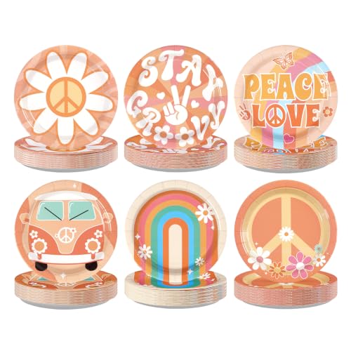 Image of 60Pcs Groovy Party Paper Plates 7 inch Disposable Heavy Duty Retro Hippie Boho Dessert Plates Daisy Flower Peace Love Theme Hippies Party Decoration for Summer 60s 70s Birthday Baby Shower Party Supplies