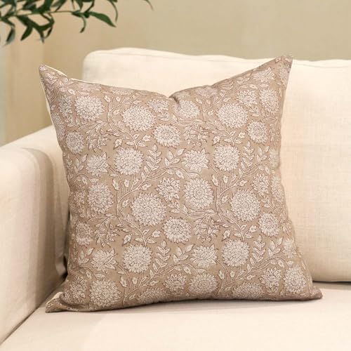 Amor Virisso Floral Pillow Covers 20x20 Throw Pillow Covers Vintage Block Print Pillow Cover Neutral Couch Pillows for Living Room Farmhouse Decorative Accent Sofa Pillows, Light Camel