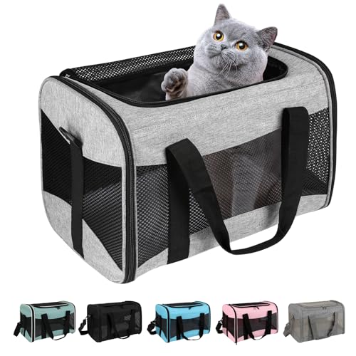 Image of Cat Carrying Case - Pet Carrier Airline Approved, Protable and Breathable Pet Travel Carrier Removable Fleece Pad, Collapsible Cat Carrier Dog Carrier for Medium Cats Small Cats Dogs (Grey&Black M)