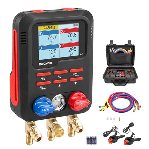 ROGVOC Digital Manifold Gauge, HVAC Refrigerants Digital AC Gauges Set with 2 Thermometer Clamps and 3 Hoses, for R22/R410A/R134A/1234YF Refrigerant Recharge Kit, Black