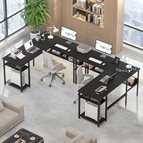 Image of L Shaped Office Desk with Storage Shelf | Wooden Study Table for Home | Computer Table for Home PC | Corner Workstation for Laptop & PC | Space Saving Office Setup | Black | 100 x 150 x 75 cm