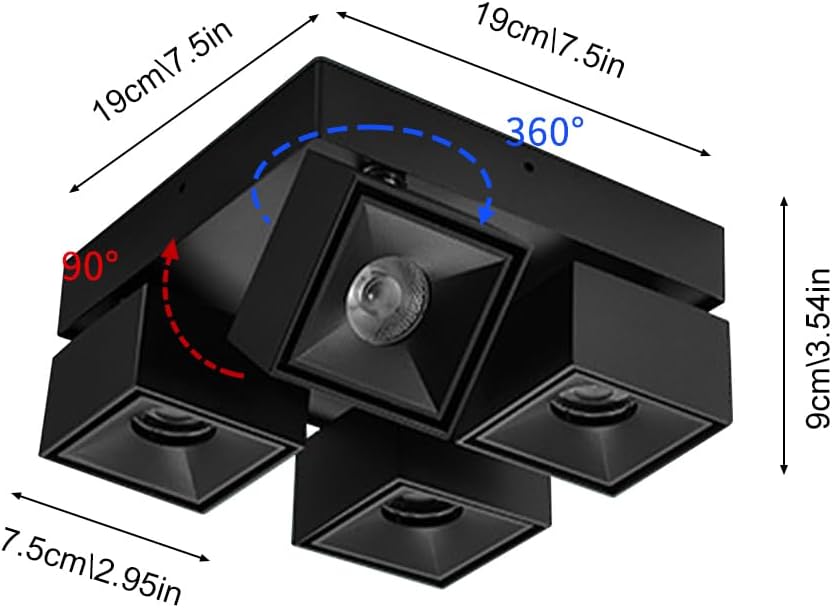 4-Light Ceiling Spotlight Square Fixed Track Lighting Fixture Adjustable Flush Mount Downlight, 360°+90° Rotation Directional Spotlights for Bedroom Office Gallery Picture/K3000K/28W