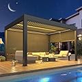 YOLENY Electric Louvered Pergola 10x13, Solar and Electric Powered, Integrated LED and 4 Side Screens, Full Aluminum Frame and Louvers, Adjustable Rainproof Roof for Outdoor Living, Dark Gray