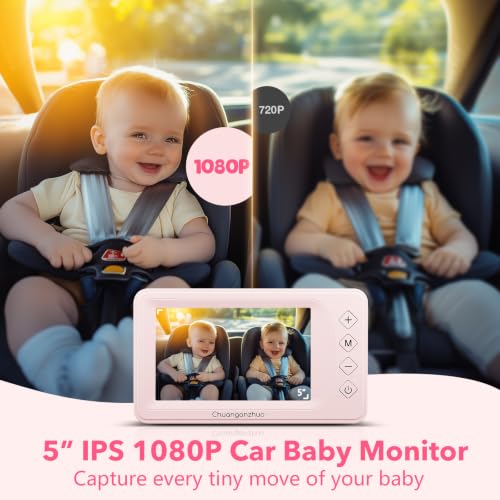 Image of Baby Car Camera with NO.1 Night Vision, 3X Zoom, USB Powered, 5'' HD 1080P IPS Crystal-Clear Car Baby Monitor, Backseat /Carseat Camera for Kids Infants Rear Facing, S100U Light Pink
