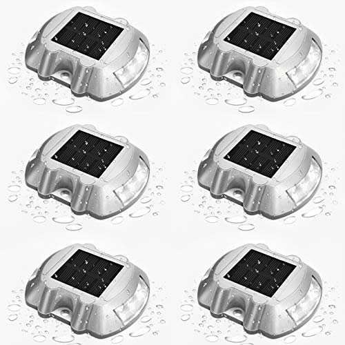 JIGUOOR Solar Deck Lights LED Driveway Lights Solar Powered Dock Light Outdoor IP68 Waterproof Road Markers for Step Sidewalk Stair Boat Garden Ground Pathway Yard (White, 6 Pack)