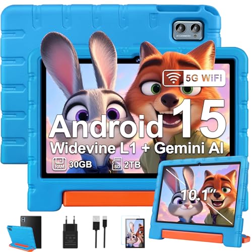 ZIOVO Tablet Bambini 10 Pollici Tablets Android 15, 30GB RAM+64GB ROM(TF 2TB), 5G WiFi Tablets,Gemini AI/Octa-Core/Widevine L1/Face ID/Parentale Controllo/6000 mAh/BT 5.0, Tablet con Eva Caso-Blu