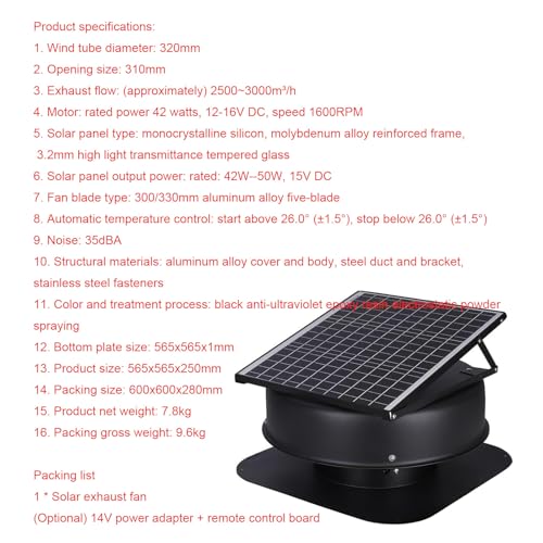 Ventilatore solare ad alto flusso d'aria – 42 W, 1470 CFM, termostato controllato per la ventilazione del tetto per casa, garage, serra, camper – soluzione di raffreddamento ad alta efficienza