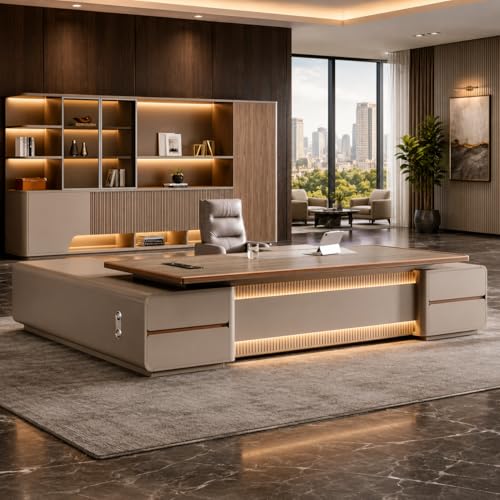 Image of Modern Luxury Executive Office Desk with Side Storage Unit, Premium Wooden Manager Table for CEO Cabin, Contemporary Office Furniture with LED Panel Design (LDL-889 MDFL L8W3)