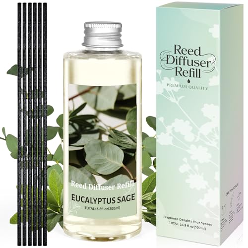 Image of STRN Reed Diffuser Oil Refill, Eucalyptus Sage Scented Reed Diffuser Set, 6.8 fl.oz（200ml）, Reed Diffuser Refill for Summer Home Fragrance, Bedroom, Bathroom Office Home Decor
