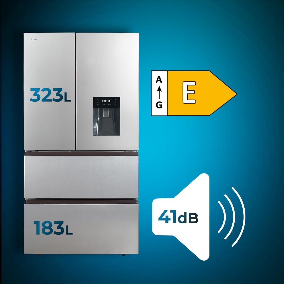 Cecotec Frigorífico Puerta Francesa Inox con Dispensador de Agua de 506L Bolero CoolMarket FD 510 WD Inox E. 183 cm de Alto, 84 cm de Ancho, Motor Inverter Plus, Bajo Consumo, Total NoFrost