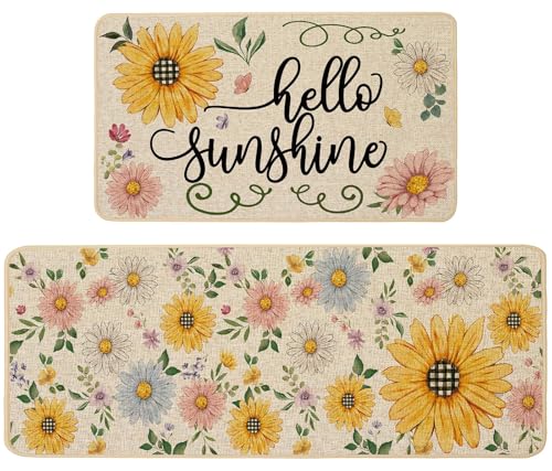 Baccessor Spring Kitchen Rugs Set of 2, Daisy Butterfly Floral Kitchen Mats for Floor Hallway Laundry Sink Low-Profile Spring Holiday Home Decor 17x29 and 17x47 Inch