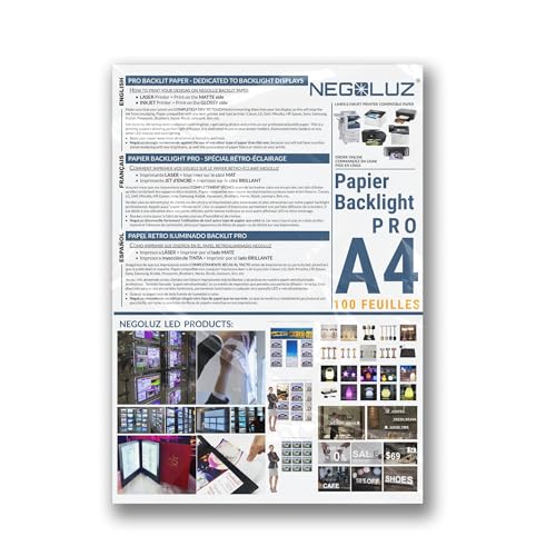 Papier Backlight A4 Rétroéclairé PRO 100 Feuilles pour Porte affiche Vitrine LED et Porte Menu Lumineux. Papier Spécial rétro éclairage NegoLuz ® pour professionnel compatible avec toute imprimante