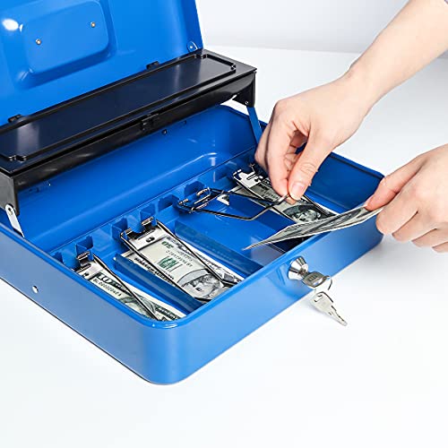 Parrency Cash Box With Key Lock，Durable Metal Cash Box With Money Tray，Lock Box Safe Storage Security Locker，Blue #TOP4