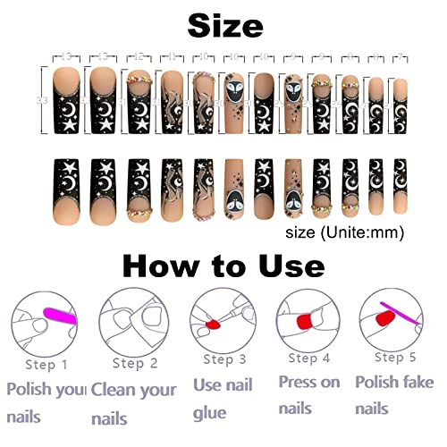 Black Nude Press On Nails Xl Long Square With Glitter Diamond & Black Moon Stars Xxl Coffin Glue On Nails Coffin Long Fake Nails For Women And Girls #TOP3