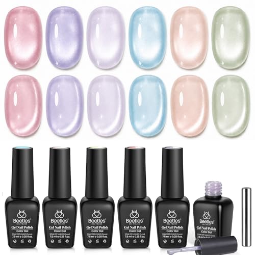 Image of Beetles Cat Eye Gel Nail Polish Set, 6 Colors Jelly Pink Translucent Pastel Blue Purple Orange Green Glass Cat Sheer Gel Polish Kit Soak Off UV Lucite Collection Manicure Gifts for Women