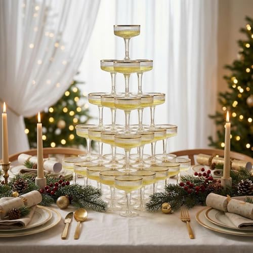 Acellegic Champagne Tower 7 oz Plastic Champagne Coupe Glasses Set Stackable Plastic Ribbed Martini Glasses Unbreakable Acrylic Cocktail Coupe Cups for Wedding Birthday(Glitter,Gold,Set of 150) by Acellegic - Image 4