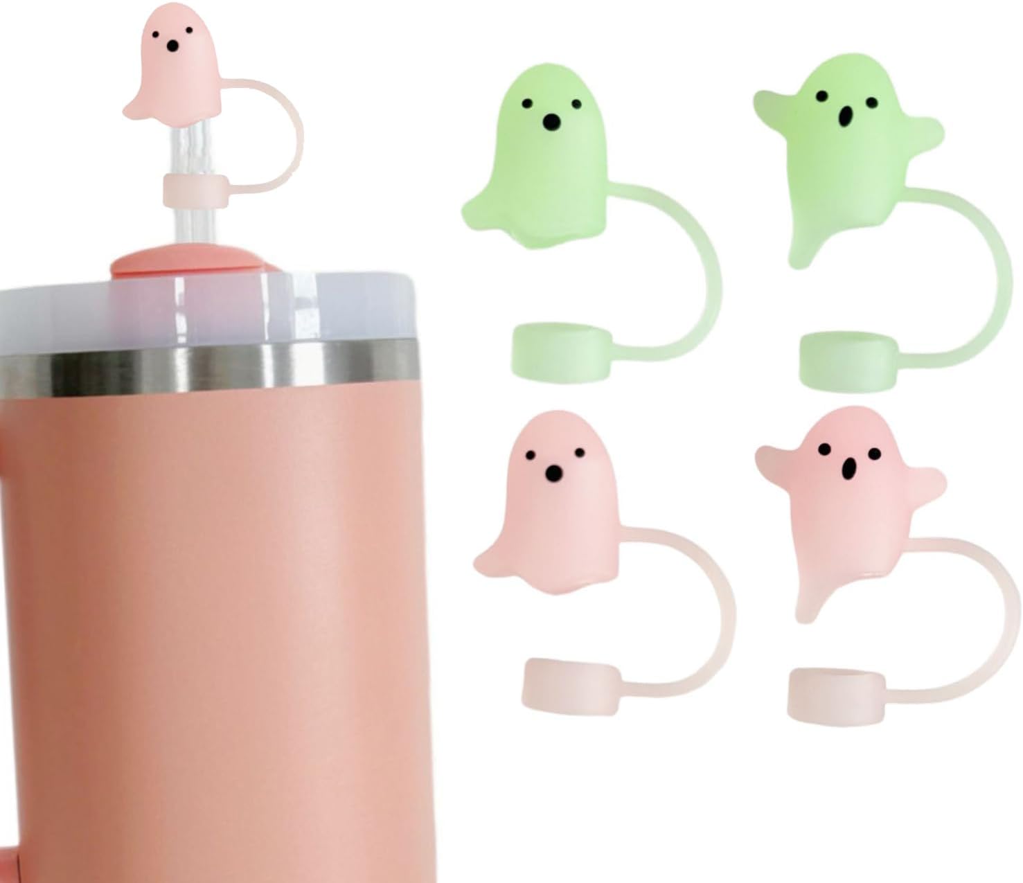 4Pcs Luminous Halloween Straw Cover for Stanley Cup, 10mm Silicone Ghost Straw Topper Compatible with 30 and 40 Oz Tumbler for Holiday