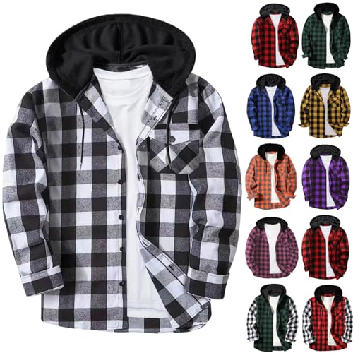 Flannel Hoodie for Men Trendy Button Down Plaid Shirts Lightweight Casual Long Sleeve Hoodies Fall Jackets Shacket