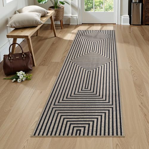 Collive Modern Geometric Easy Jute Outdoor Runner Rug, 2 x 6 Washable Black Kitchen Runner Rugs for Hallway Non Slip, Farmhouse Woven Non-Shedding Indoor Door Mat for Entrance Laundry Porch Foyer