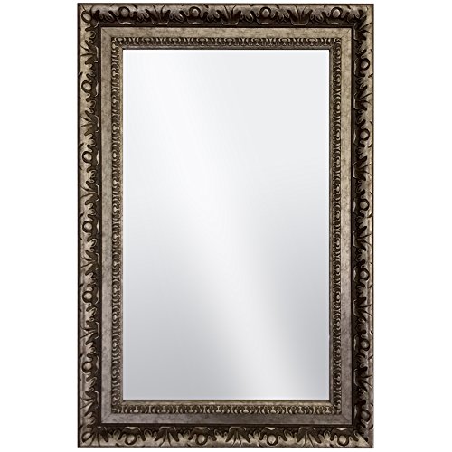 Raphael Rozen Hanging Framed Wall Mounted Mirror Vintage Antique Silver Brass Colored With Carvings For Bathroom, Vanity, Living Room, Dining Room, Kitchen, Bedroom, Office (20X30) #TOP8