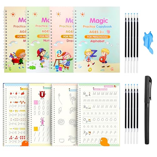 Image of VGRASSP Magic Practice Copybook For Preschoolers, Number & Letter Tracing Book (4 Book + Pen + 10 Refill + Grip)
