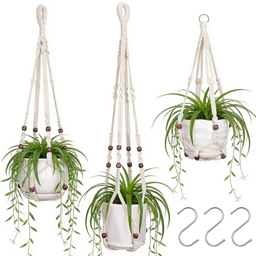 YIBOT 3 Pack Macrame Plant Hangers Ivory