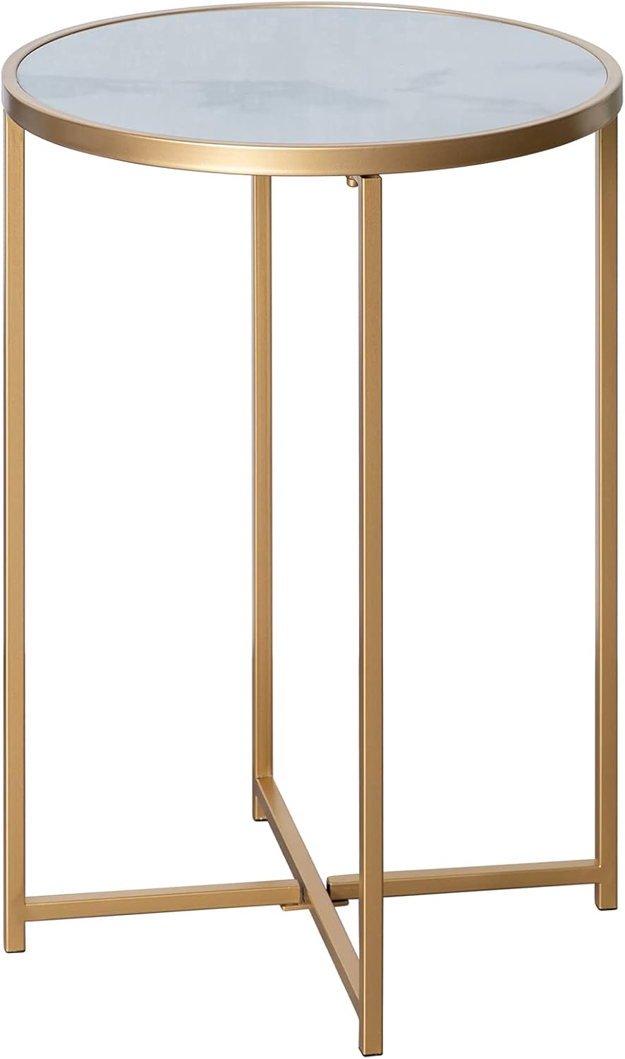 HollyHOME Round Metal End Table with Marble Texture Sticker, Accent Indoor&Outdoor Coffee Side Table, Anti-rust Tea Table for Living Room, Bedroom, Balcony, Patio, Garden, (D)15.94"x(H)23.82", Gold : Patio, Lawn & Garden